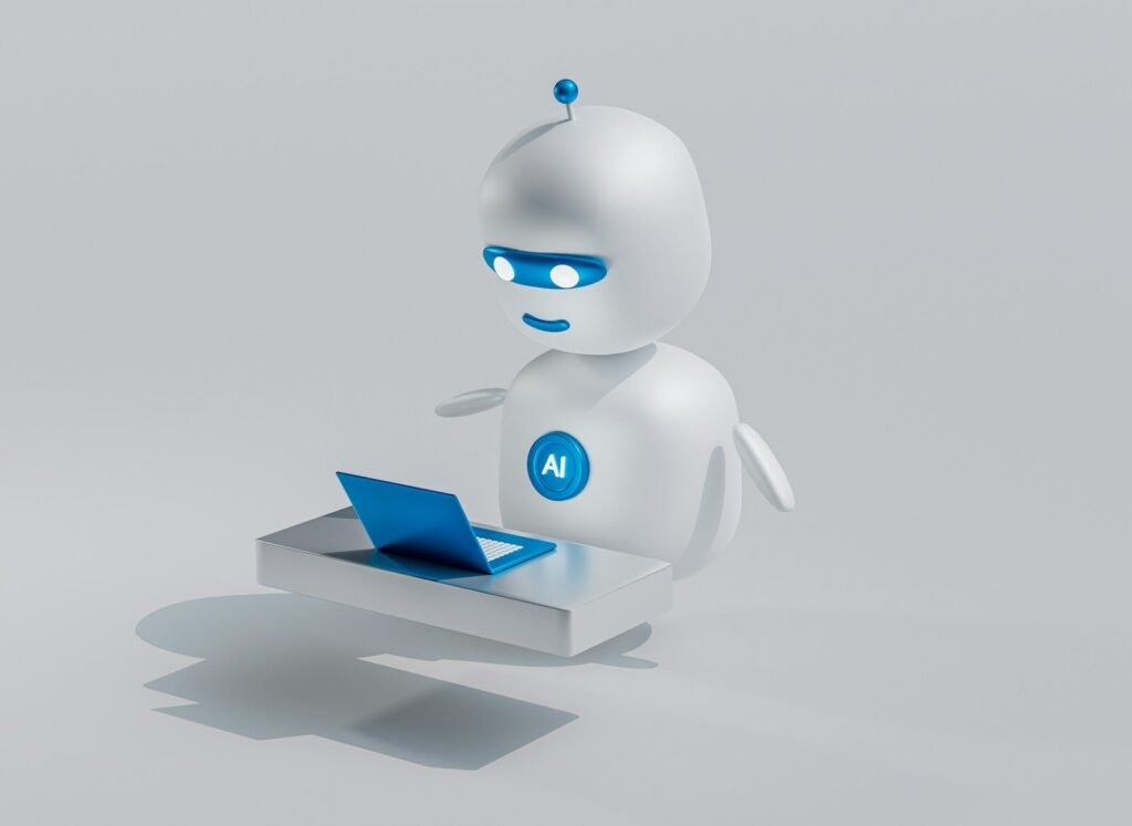 A friendly white 3D robot with blue eyes using a laptop computer