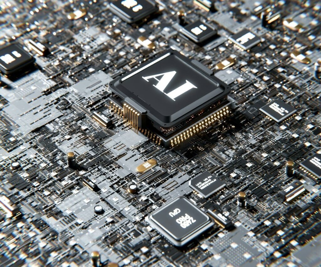 A close-up of a computer chip with the letters "AI" printed on it, mounted on a circuit board