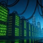 A futuristic cityscape at night with glowing green data-center server towers